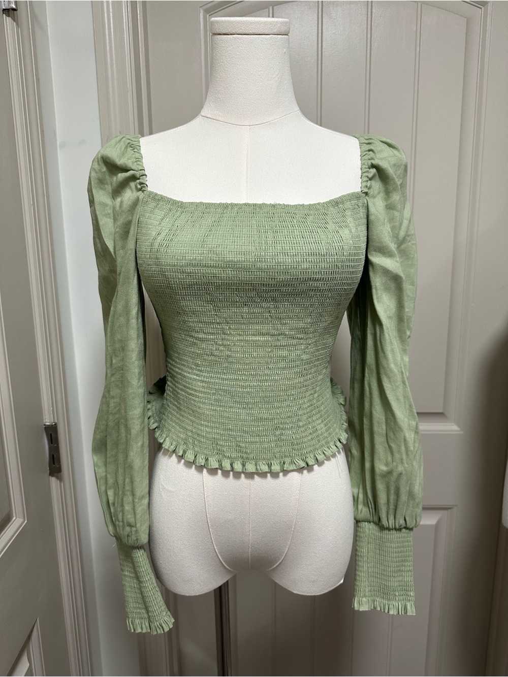 Smocked Linen blend Square-Neck Long Sleeve Top in Sage Green